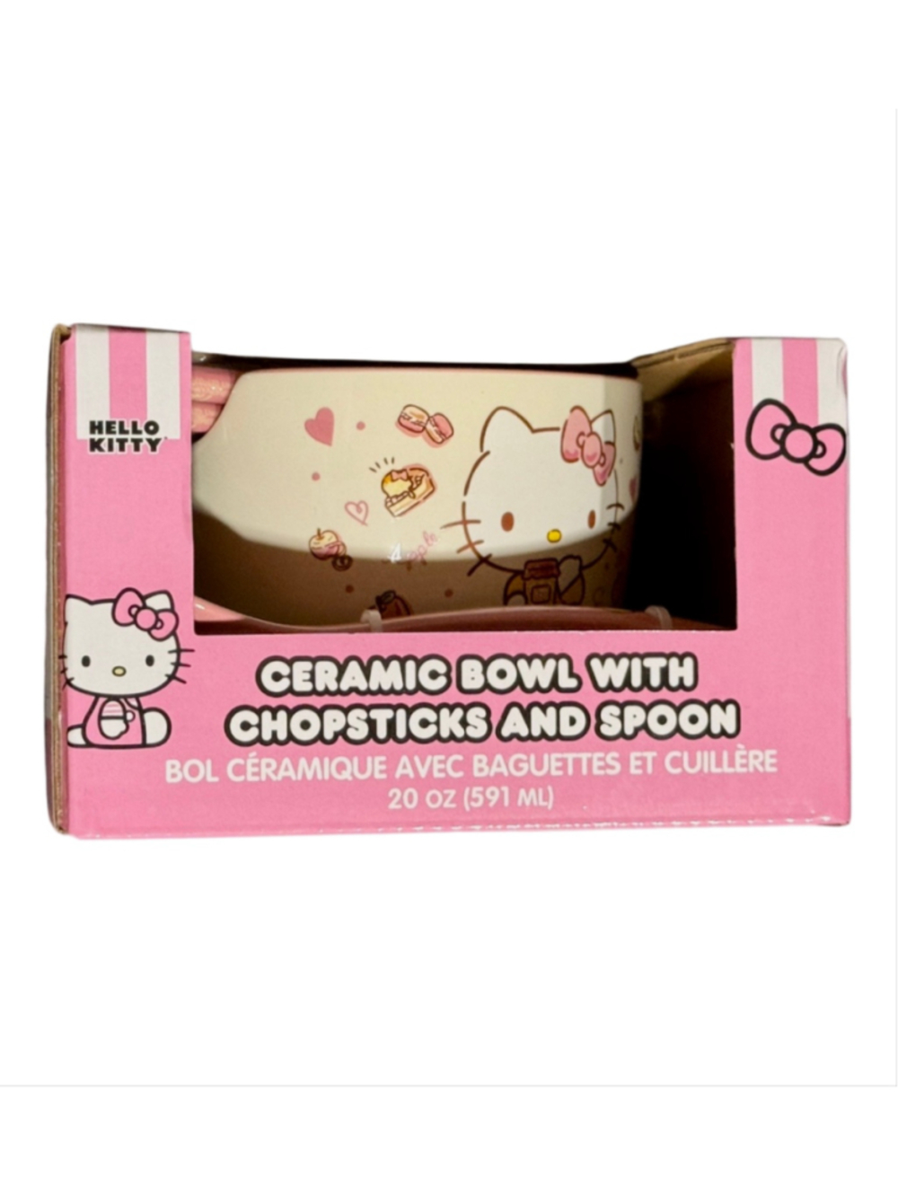 Hello Kitty Ceramic Bowl Set with Chopsticks and Spoon, Pink and White